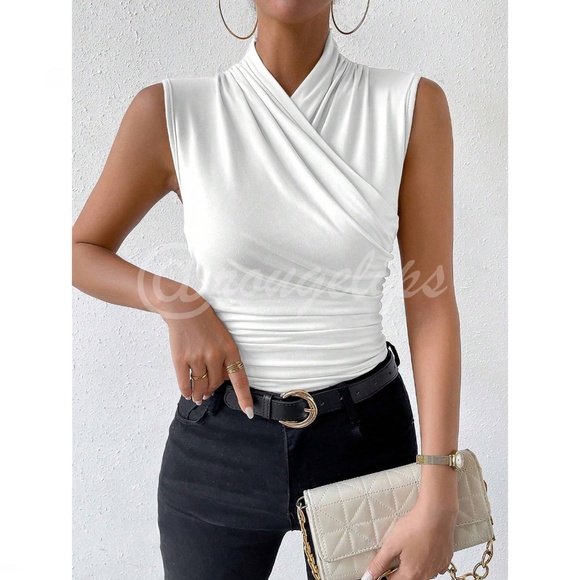 Ruched White Overlapping Sleeveless Shirt Top Stretchy - Picture 2 of 7
